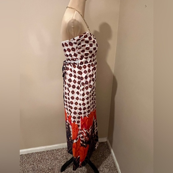 Anthropologie Maeve Strapless Orange, Navy & Ecru Floral Midi Dress, size 4 - Picture 3 of 10